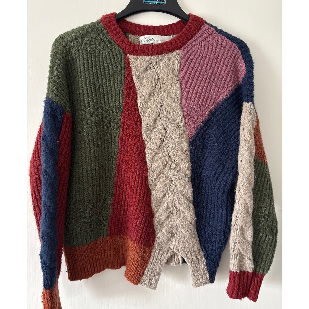 Curio New York Patchwork Color Block Chunky Knit Sweater Petite Large